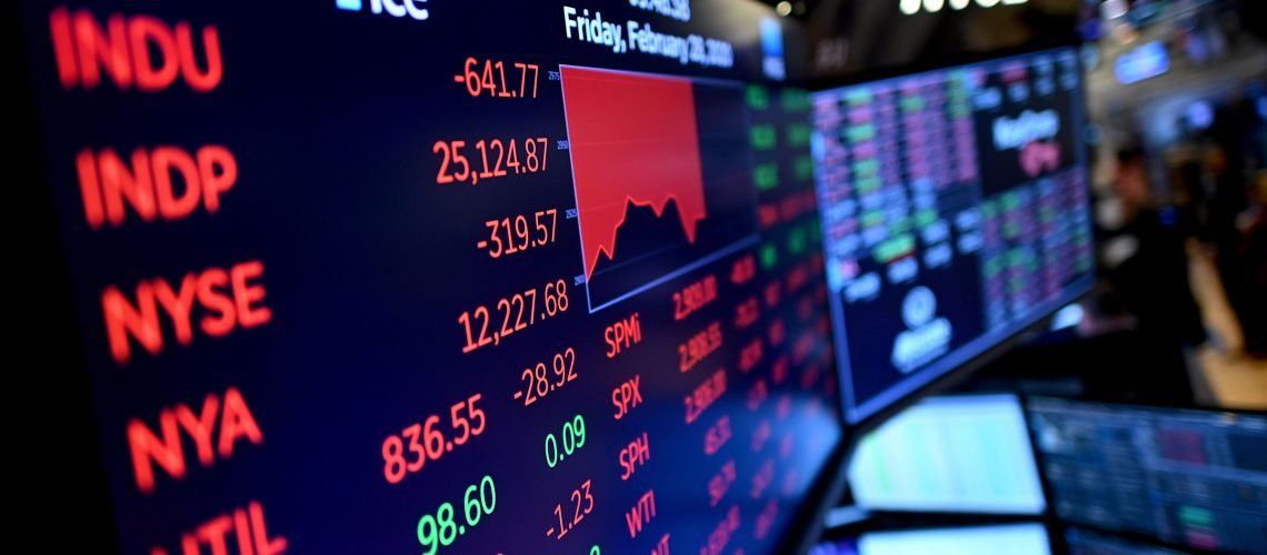 US-ECONOMY-NYSE-markets-market Stock market charts are seen during the opening bell at the New York Stock Exchange (NYSE) on February 28, 2020 at Wall Street in New York City. - Losses on Wall Street deepened following a bruising open, as global markets were poised to conclude their worst week since 2008 with another rout. (Photo by Johannes EISELE / AFP) (Photo by JOHANNES EISELE/AFP via Getty Images)